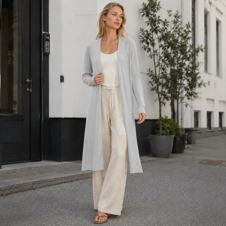Chic long knit cardigan for women, an open front stylish layer for fall & winter fashion.