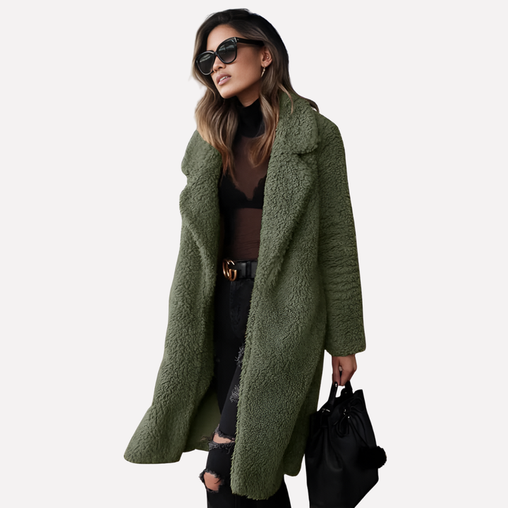 Women's cozy longline teddy coat in soft brown with a chic notched collar, perfect for winter layering.