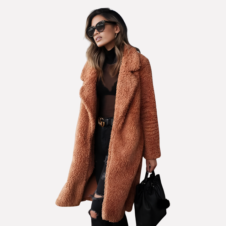 Soft beige teddy longline coat for women, featuring a stylish notched collar and open front for casual wear.