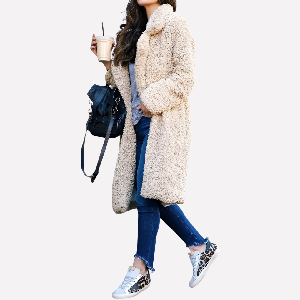 Warm women's longline teddy coat, ideal winter outerwear, featuring a cozy feel and versatile open-front design.