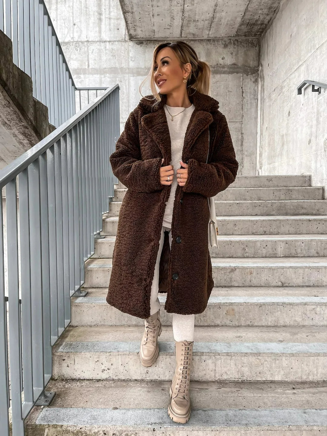 Versatile women's teddy longline coat, ideal cozy outerwear for fall & winter everyday wear.