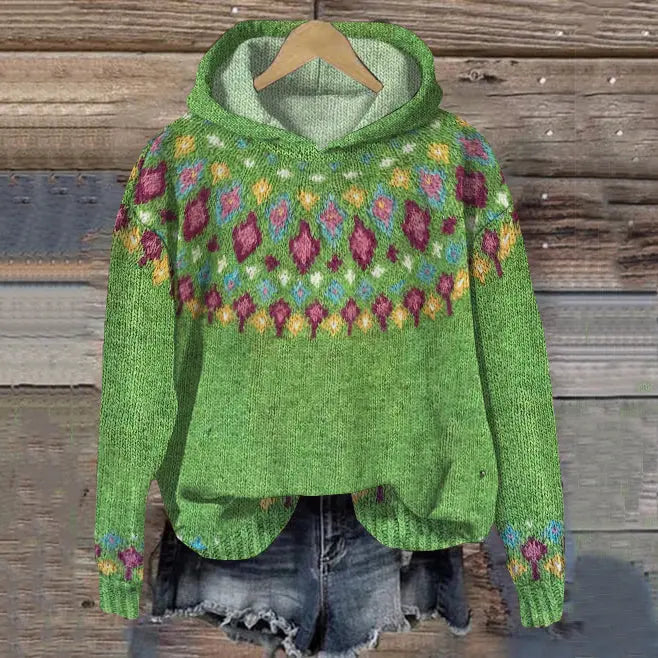 Comfortable women's Nordic print pullover hoodie for stylish fall fashion. Warm hooded sweatshirt for layering.