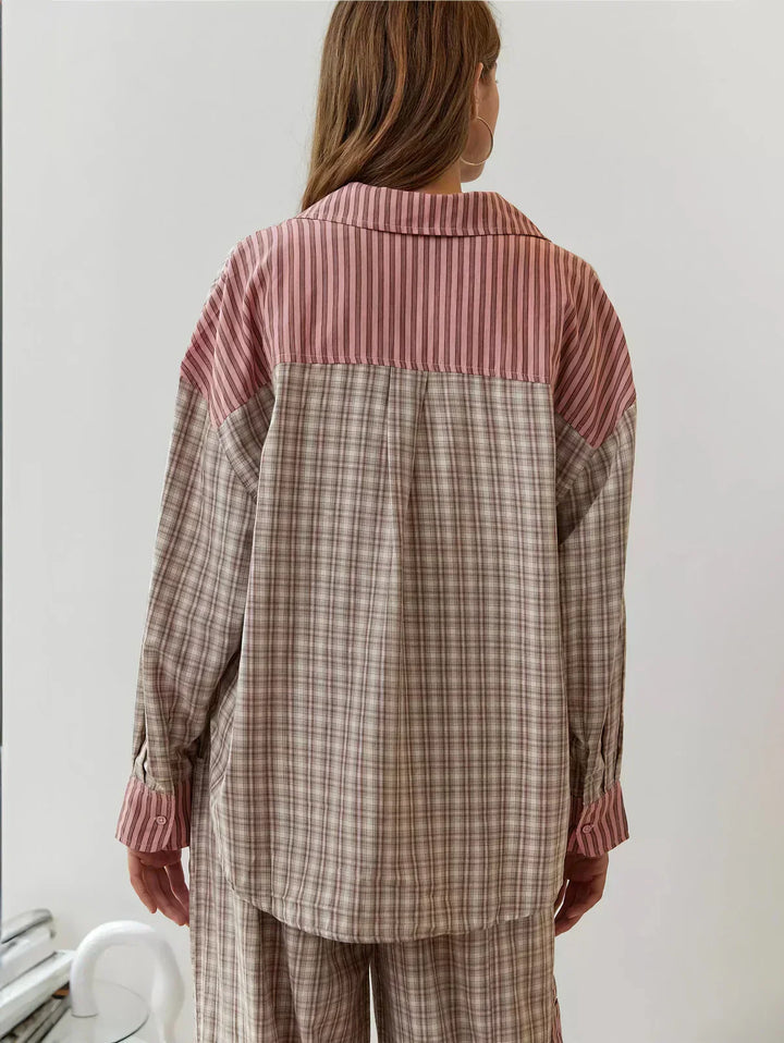 Ladies' relaxed fit plaid button-up pajama set. Two-piece sleepwear, perfect for cozy evenings.