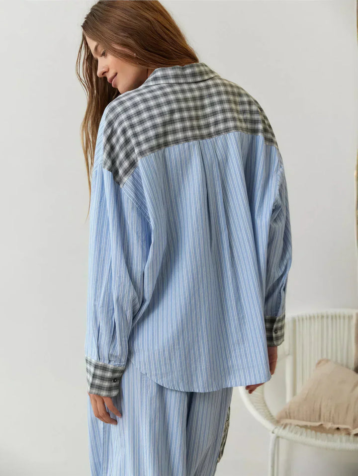 Elegant pink plaid button-up pajama set for women. Comfortable ladies' sleepwear.