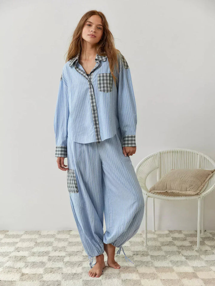 Women's plaid button-up 2-piece pajama set. Soft, relaxed fit sleepwear.