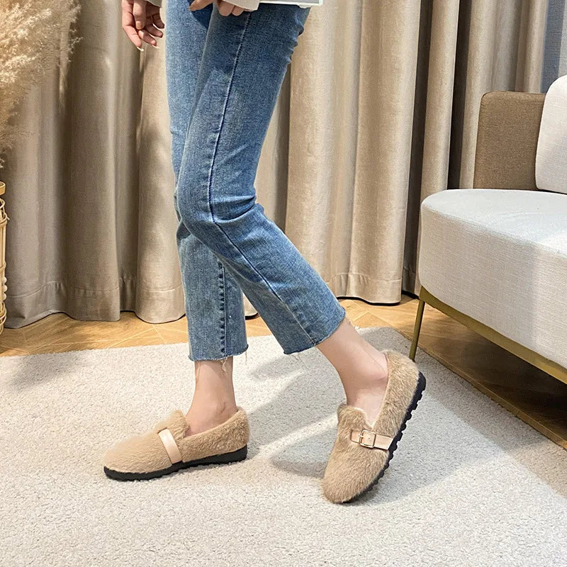 Stylish women's slip-on comfort flats with plush lining. Cozy loafers for casual, everyday, and warm winter wear.