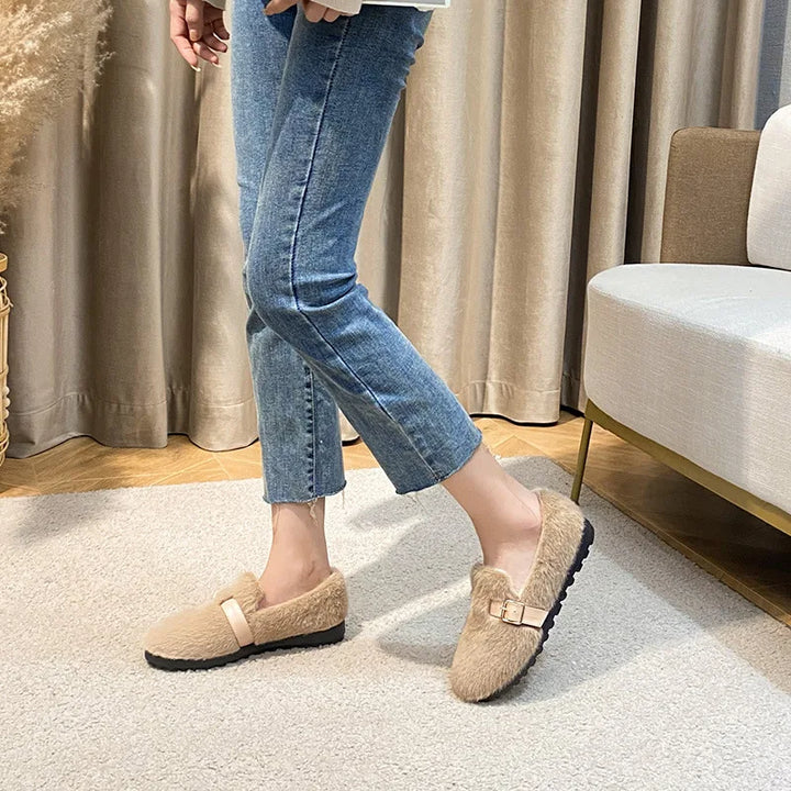 Stylish women's slip-on comfort flats with plush lining. Cozy loafers for casual, everyday, and warm winter wear.