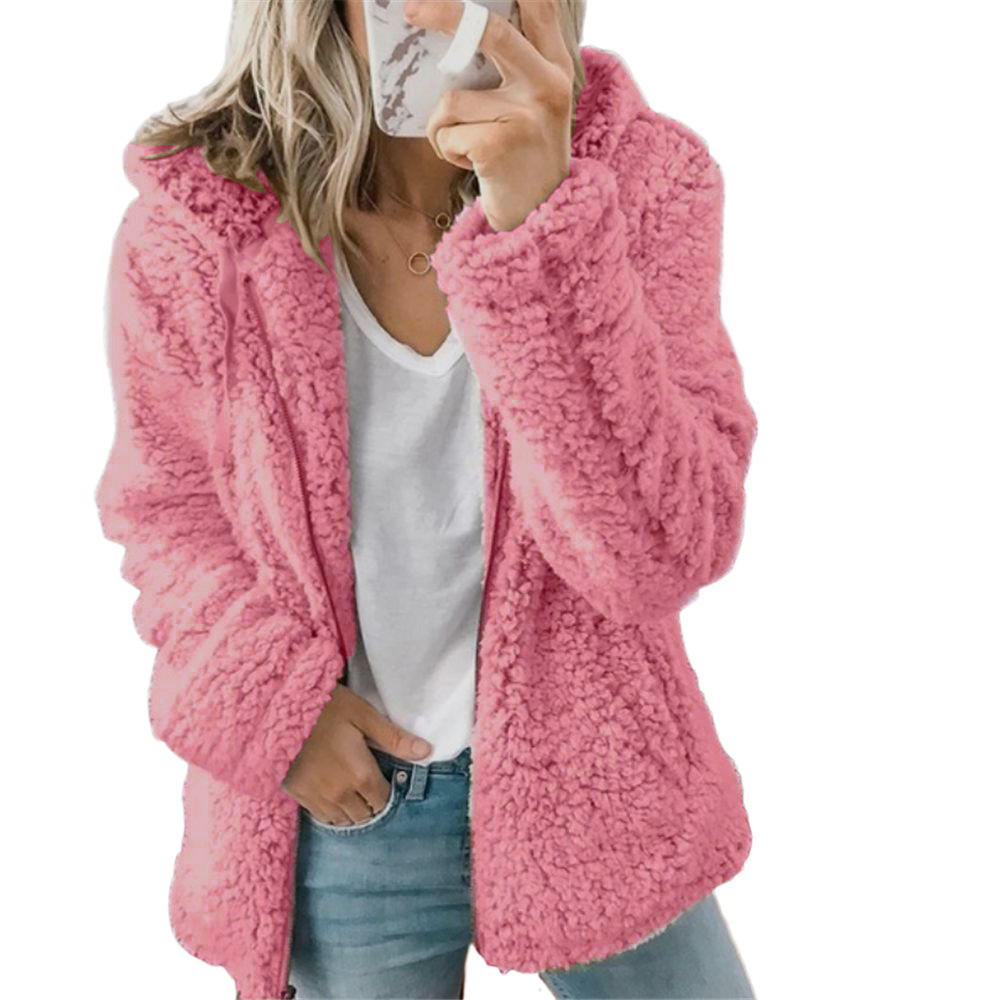 Women's cozy plush jacket with functional pockets and a secure front zipper.