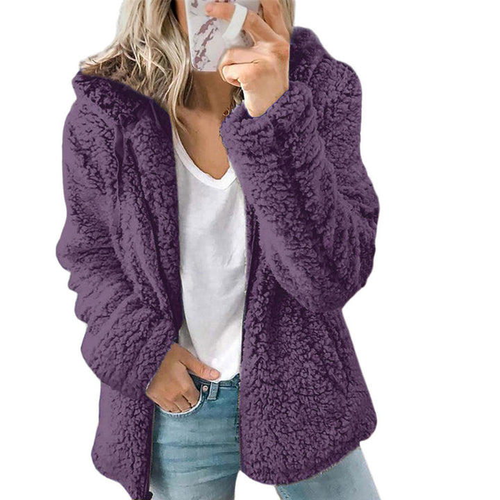 Warm women's plush winter jacket, ideal for chilly fall weather. Comfortable long-sleeve outerwear.