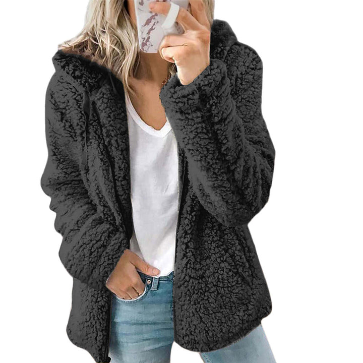 Soft women's plush outerwear jacket, perfect for winter and fall. Features cozy pockets and a comfy fit.