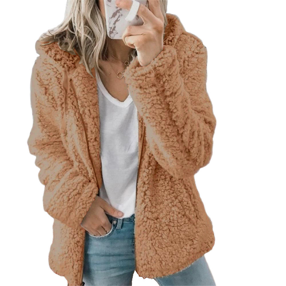 Fashionable women's fuzzy plush jacket, a cozy essential for cold fall and winter days. Zippered.