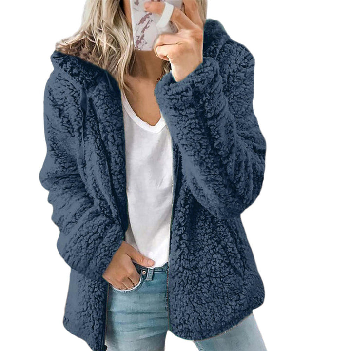 Women's comfortable plush zipper jacket with deep pockets, perfect warm outerwear for casual style.