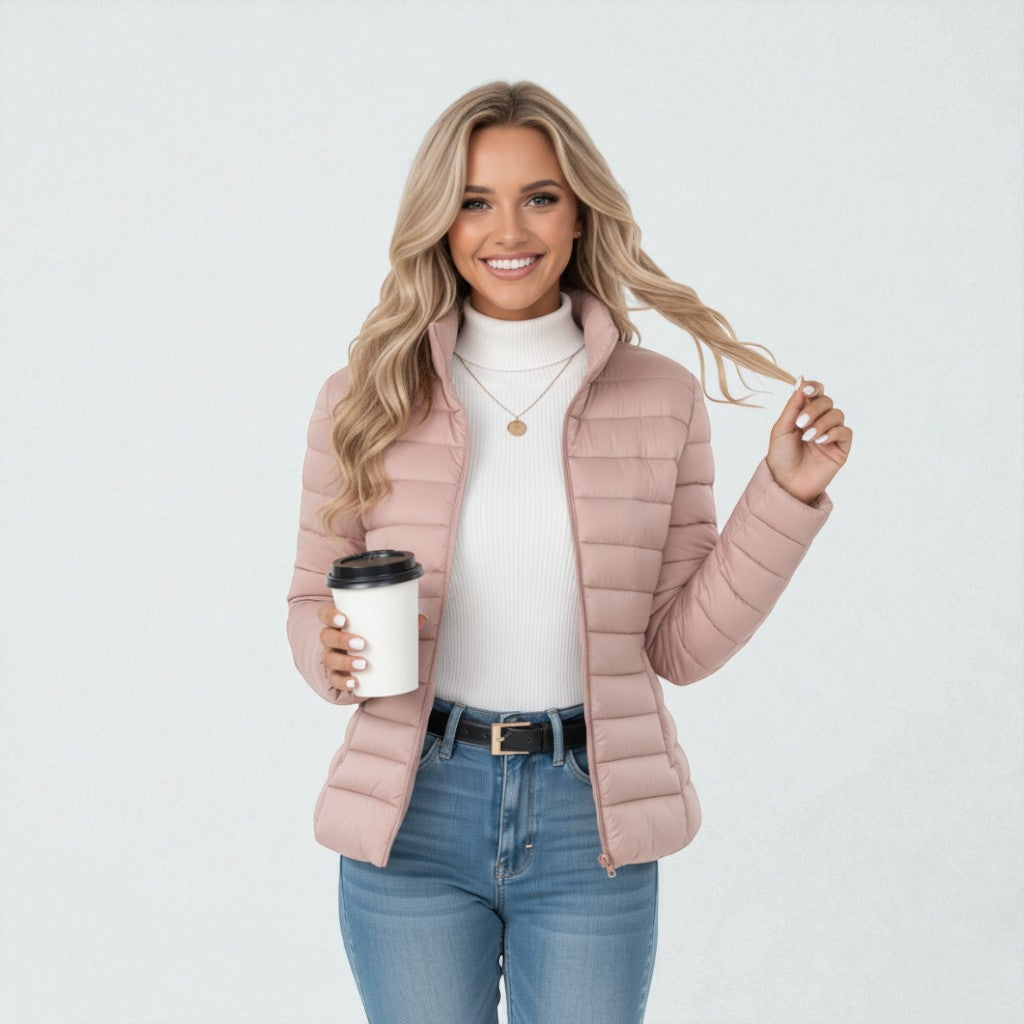 Casual women's quilted zip-up jacket with a stand collar, perfect for everyday fall & winter outerwear.