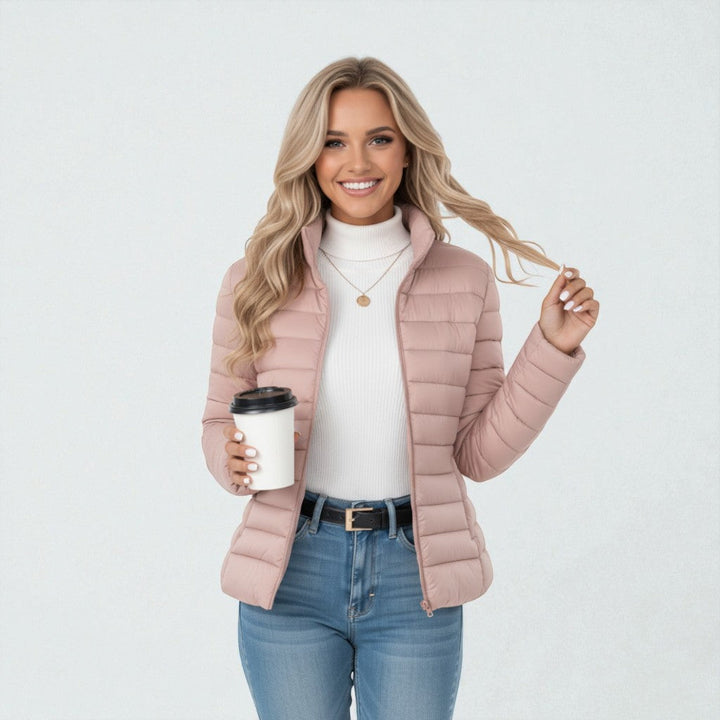 Casual women's quilted zip-up jacket with a stand collar, perfect for everyday fall & winter outerwear.