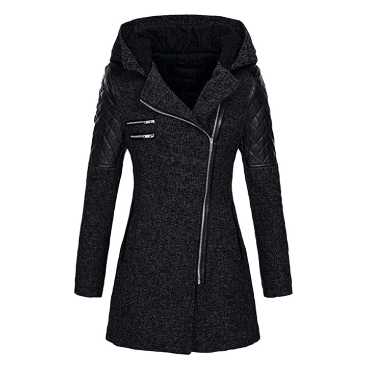 Women's cozy quilted sleeve winter coat, front view. Warm jacket for stylish cold weather fashion.