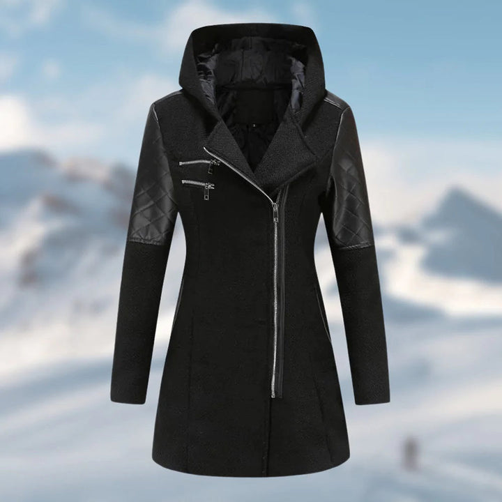 Model showcasing a women's cozy quilted winter coat, emphasizing its warm & stylish design.