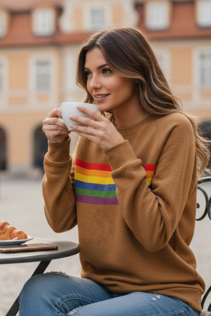 Retro style women's pullover sweatshirt. Comfortable & cozy with vibrant rainbow stripes and long sleeves.