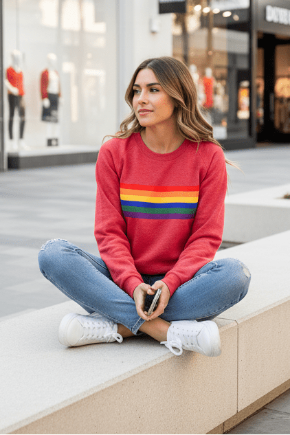Vintage-inspired women's long-sleeve sweatshirt featuring bold rainbow stripes for a cozy, casual look.