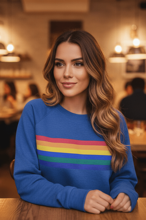 Soft, comfortable women's pullover with a unique rainbow striped pattern. Ideal for everyday cozy wear.