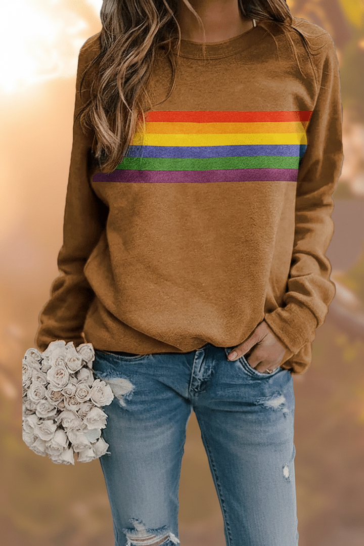 Women's Cozy Rainbow Striped Sweatshirt, a retro-inspired long sleeve pullover for comfortable style.