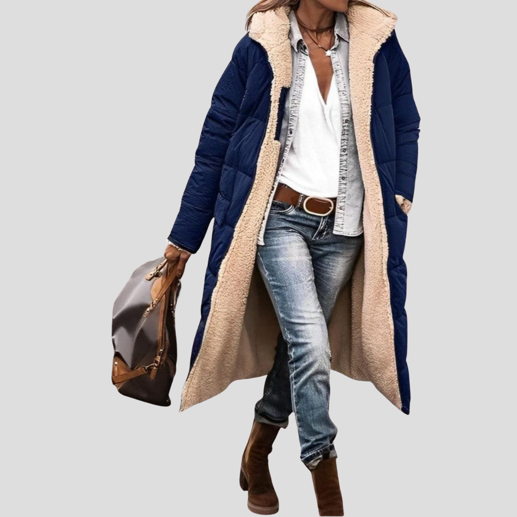Stylish women's long hooded winter jacket, reversible for versatile cold weather fashion.