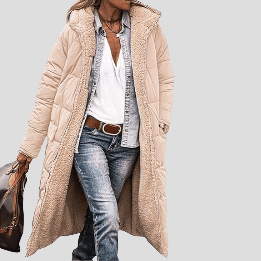 Fashionable women's reversible hooded outerwear, a cozy long winter coat for stylish cold weather outfits.