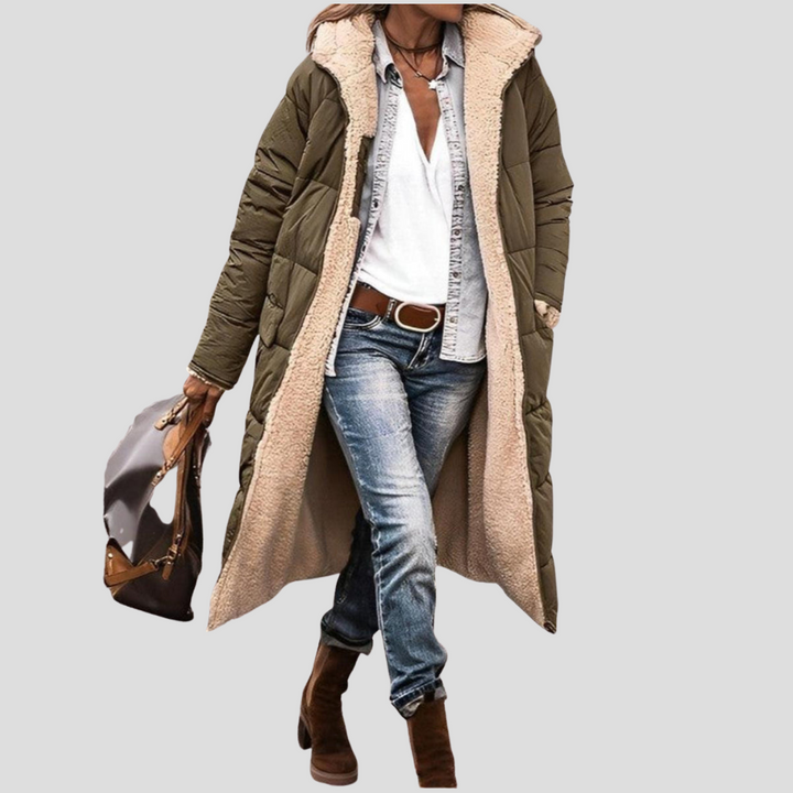Versatile women's reversible winter coat with hood, ideal for staying cozy & warm in cold weather.