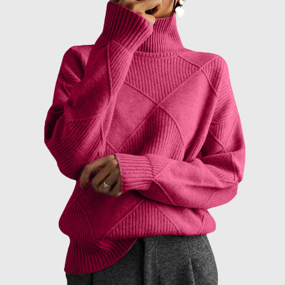 Women's cozy roll neck sweater in a relaxed fit, perfect for winter warmth and comfort.