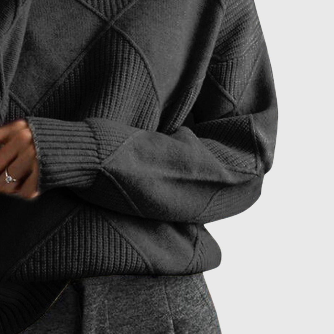 Stylish women's diagonal seam roll neck sweater, an elegant and warm winter fashion piece.