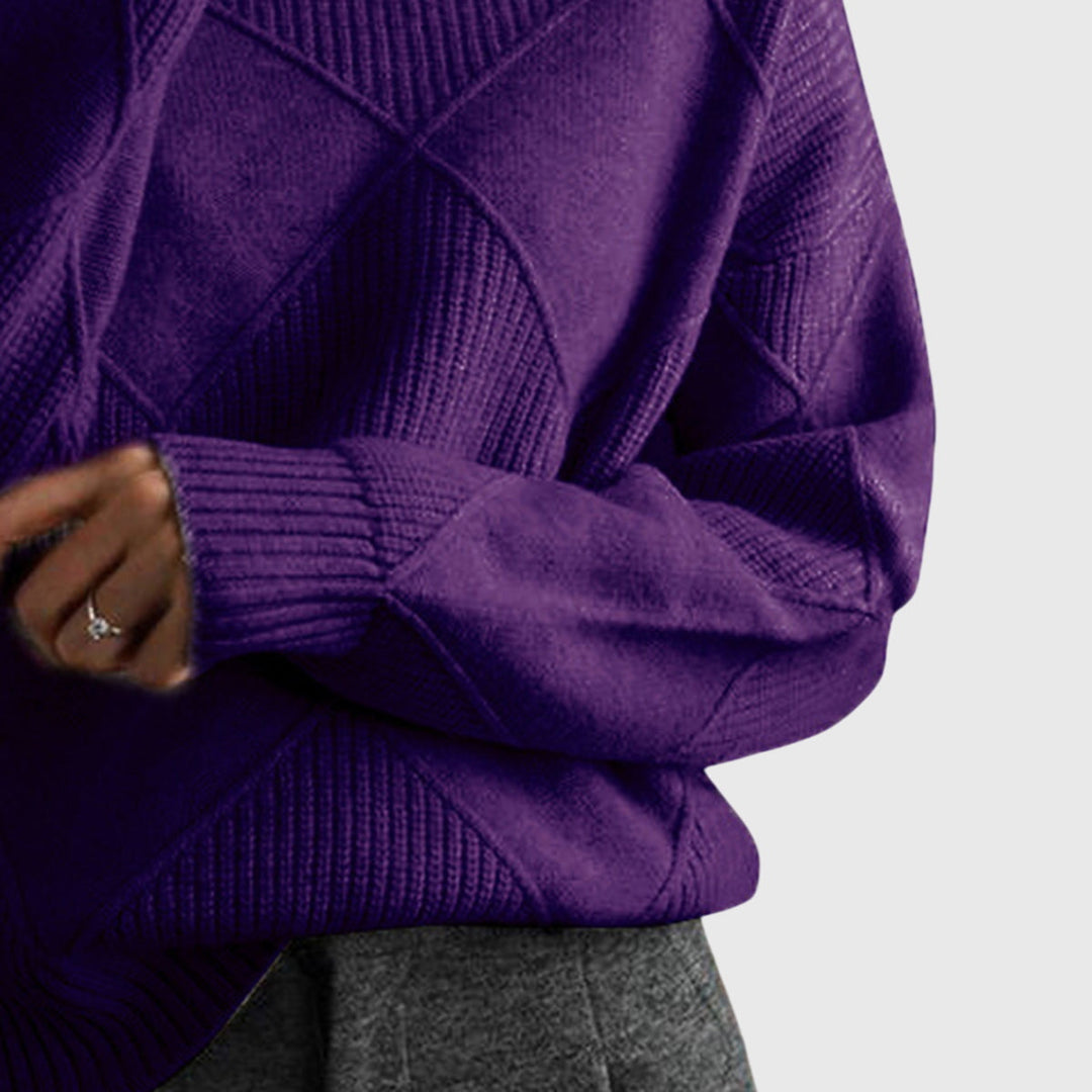 Relaxed fit women's roll neck jumper, a warm knit with unique diagonal seam detailing.