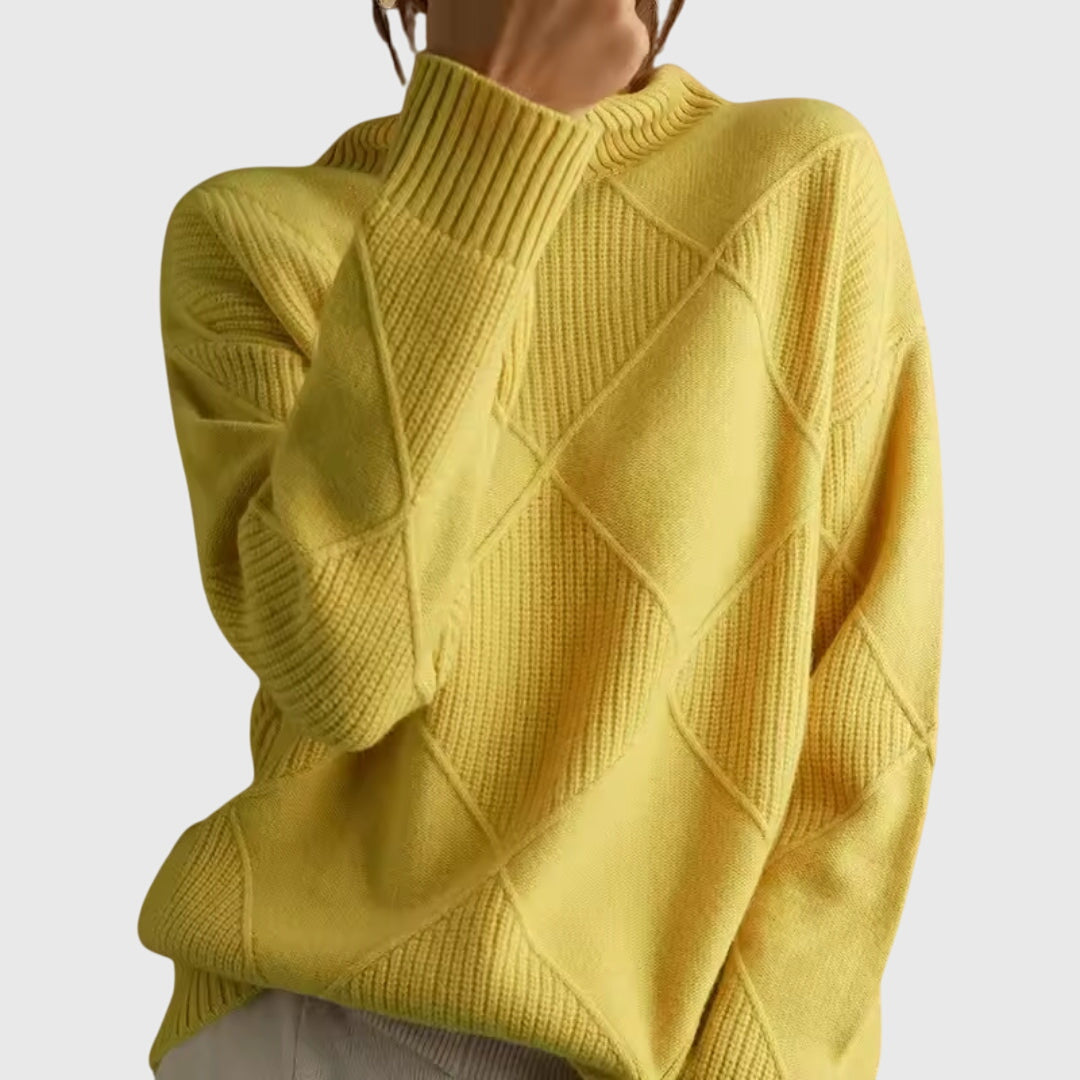 Comfy women's long sleeve roll neck jumper with a unique diagonal seam, perfect for winter.