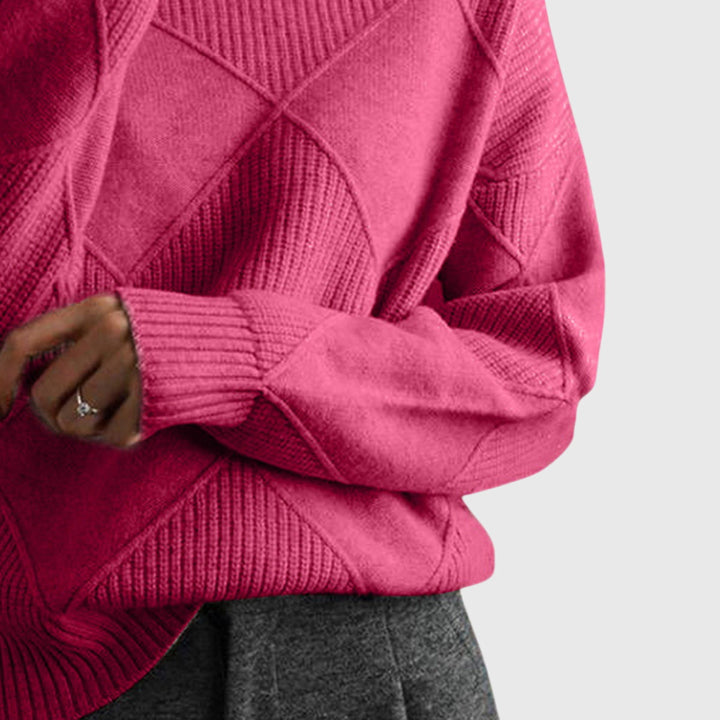 Stylish women's diagonal seam roll neck jumper, an elegant knit for winter fashion.