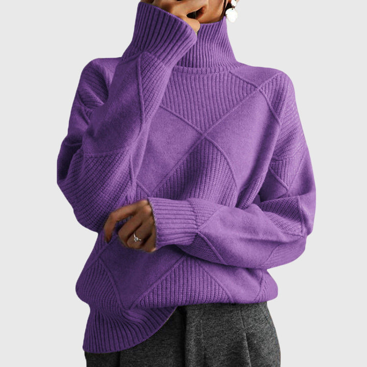 Comfy women's long sleeve roll neck jumper with a unique diagonal seam detail.