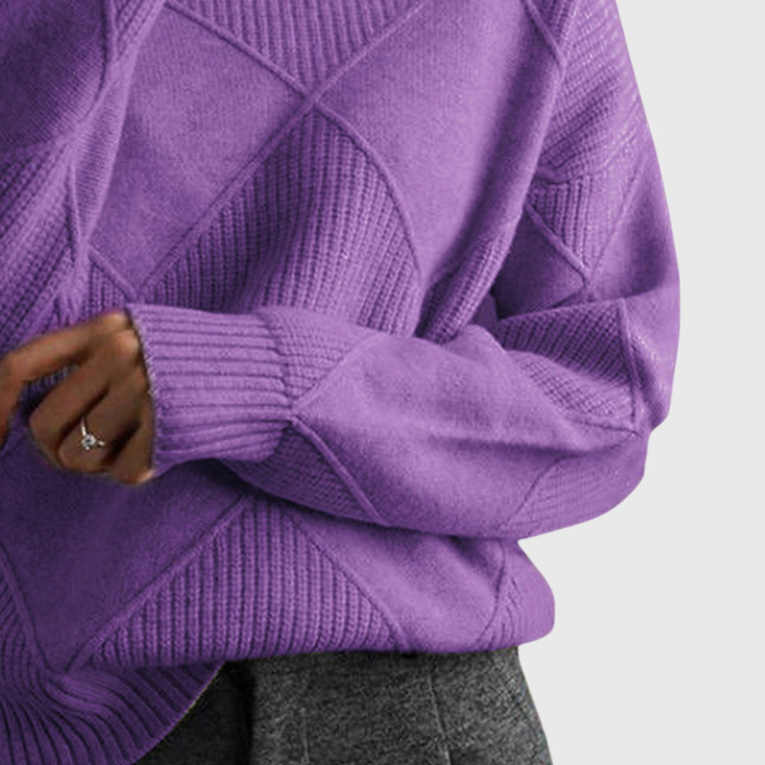 Chic women's roll neck sweater with a diagonal seam design, ideal for casual winter looks.