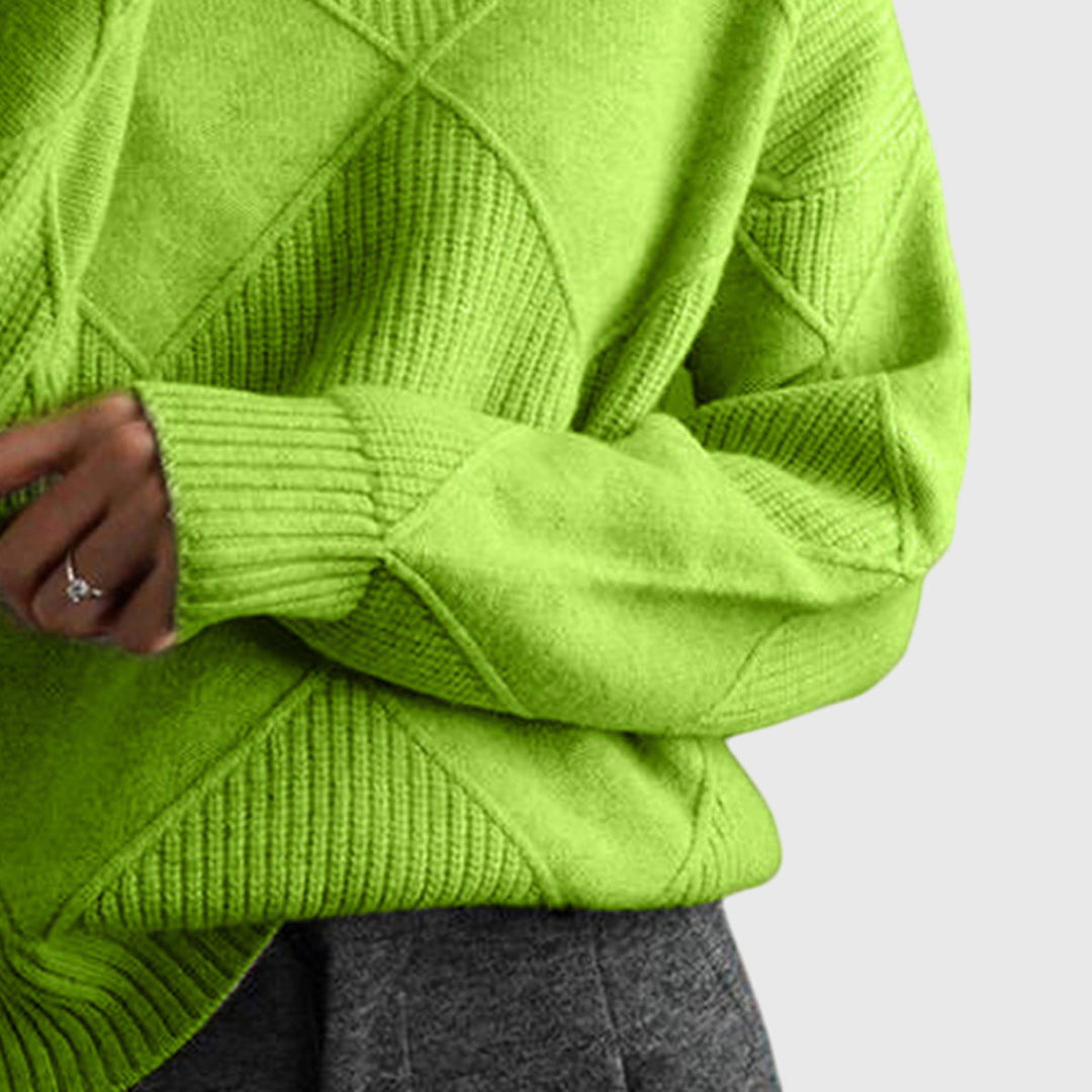 Elegant women's roll neck sweater, a comfy long sleeve top with unique diagonal seam.