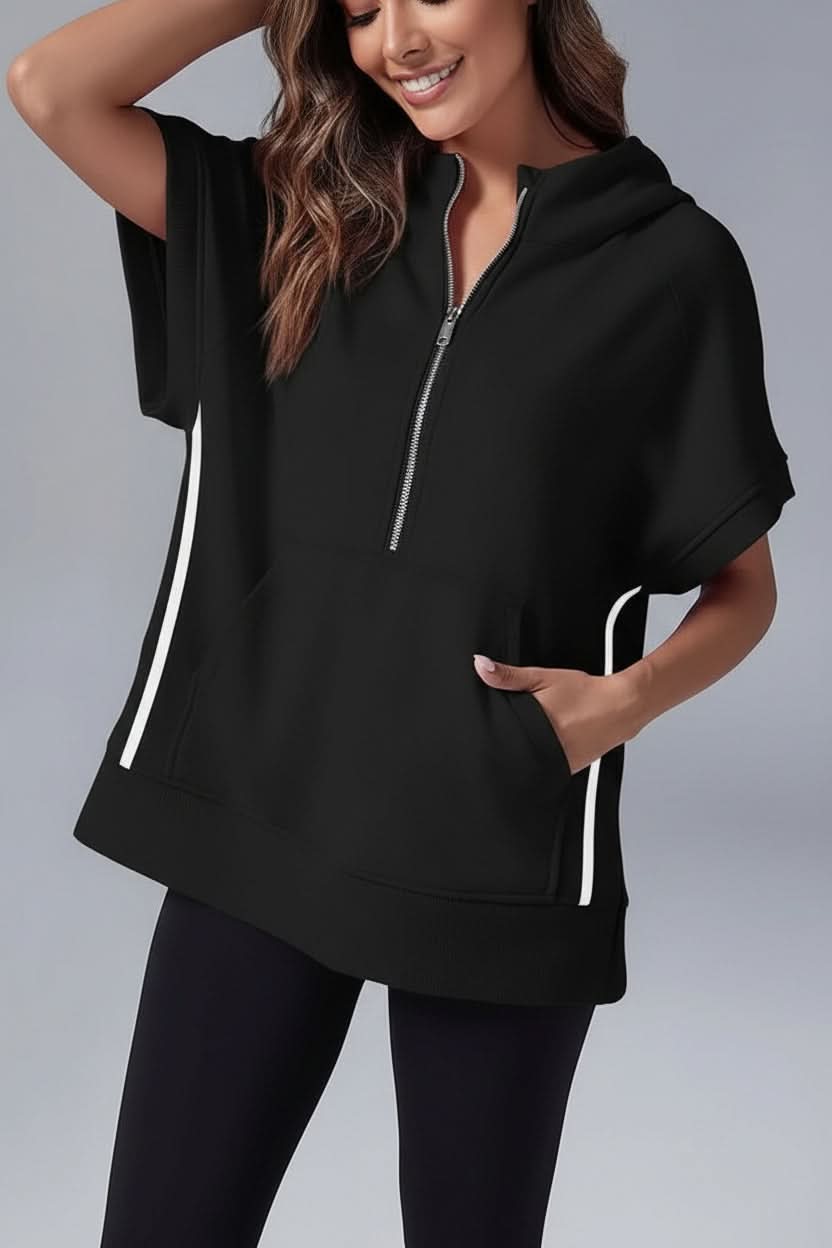 Versatile women's relaxed fit short sleeve hoodie, ideal as a comfortable everyday top.