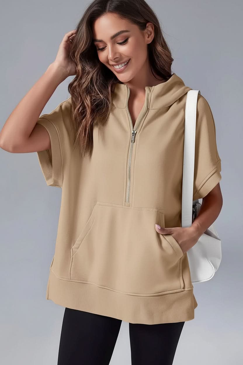 Cozy short sleeve women's hoodie, a relaxed fit top blending comfort with effortless style.
