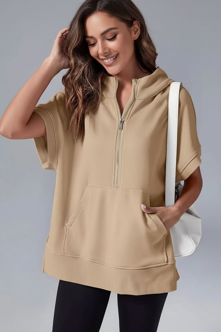 Cozy short sleeve women's hoodie, a relaxed fit top blending comfort with effortless style.