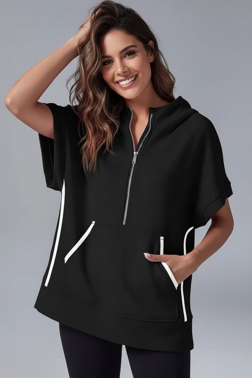 Relaxed fit women's short sleeve hoodie, a comfortable and stylish top for everyday fashion.