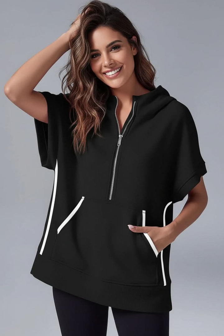 Relaxed fit women's short sleeve hoodie, a comfortable and stylish top for everyday fashion.