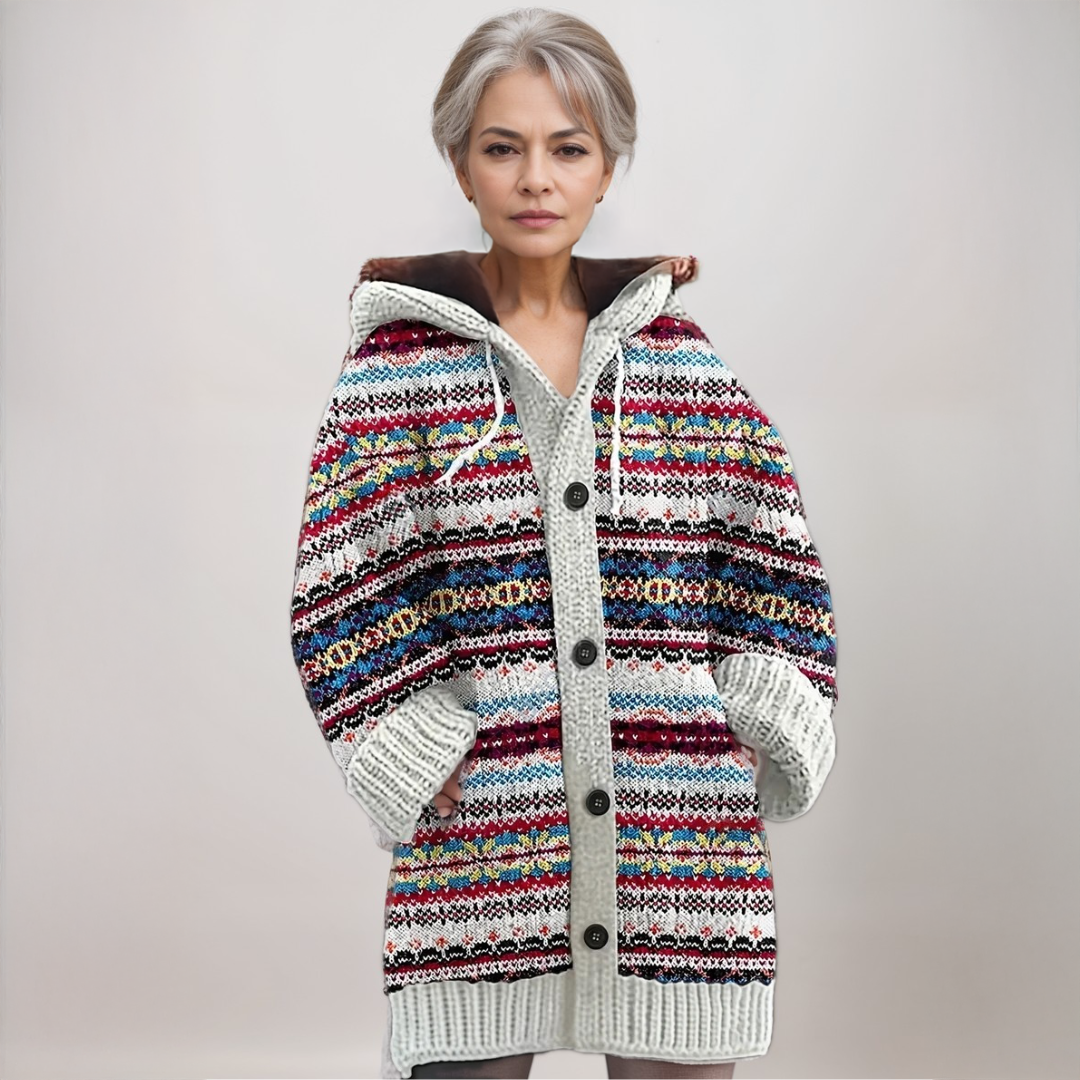 Women's cozy soft winter cardigan in a vibrant multicolor knit, perfect for comfortable everyday layering.