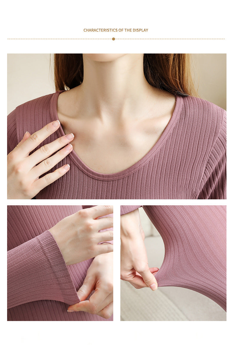 Full length shot of a woman in a snug-fit thermal base layer, showcasing comfort.