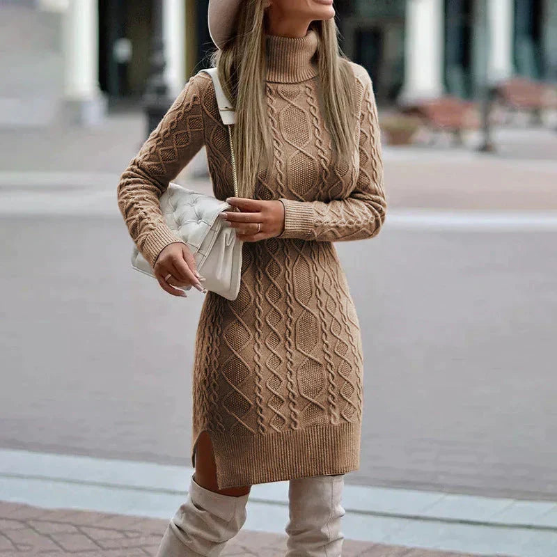 Women's cozy turtleneck cable knit sweater midi dress, perfect for fall & winter fashion, long sleeve, warm & elegant.