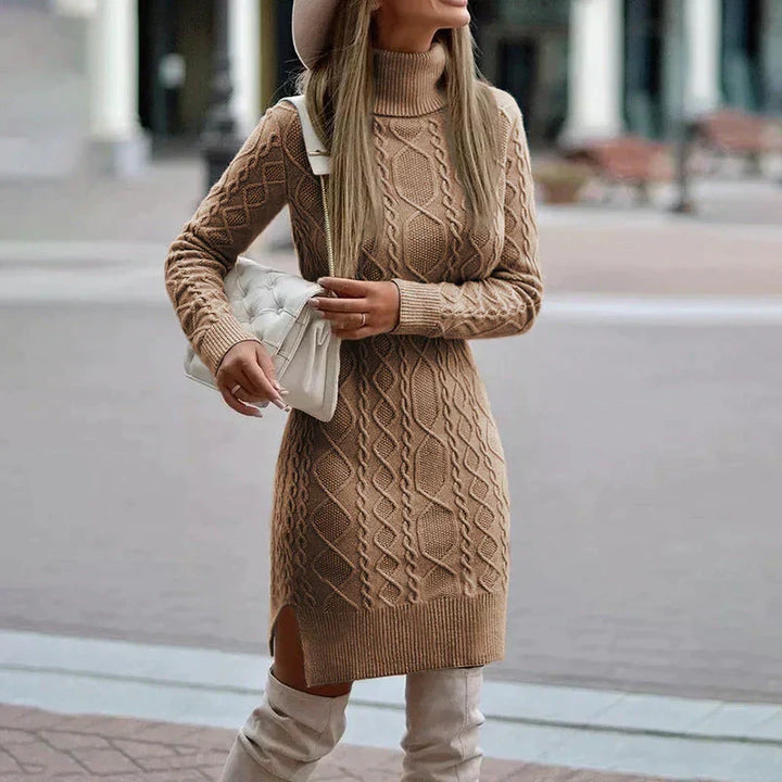 Women's cozy turtleneck cable knit sweater midi dress, perfect for fall & winter fashion, long sleeve, warm & elegant.