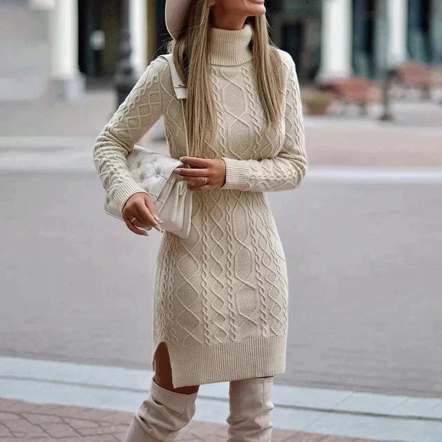 Cozy cable knit sweater dress for women, featuring a turtleneck & long sleeves. Stylish midi length for fall/winter.