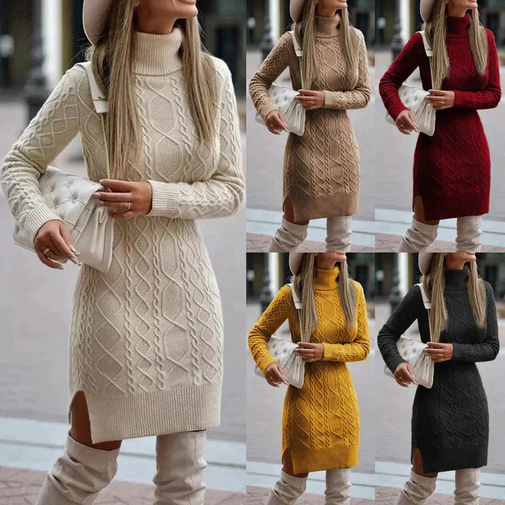 Soft women's long sleeve cable knit turtleneck sweater dress. A cozy, warm midi dress for elegant fall/winter fashion.