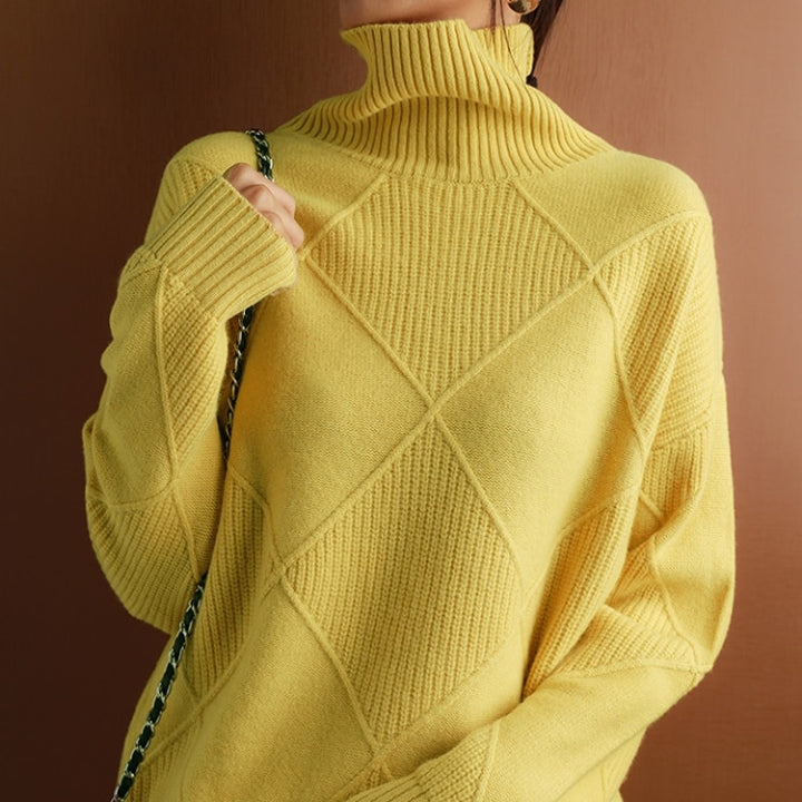 Women's cozy turtleneck knit sweater, perfect for elegant winter and autumn fashion.