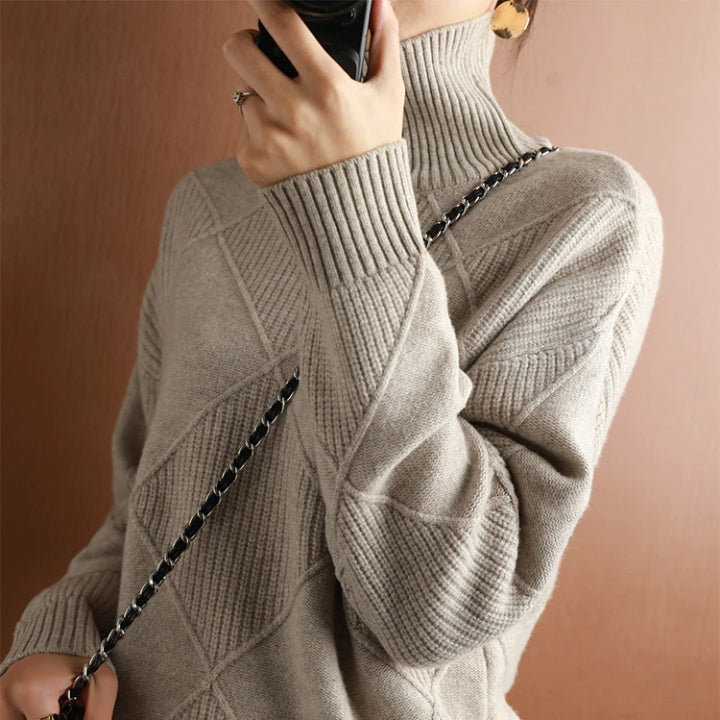 Long sleeve women's knit turtleneck pullover, a cozy and comfortable sweater for winter fashion.