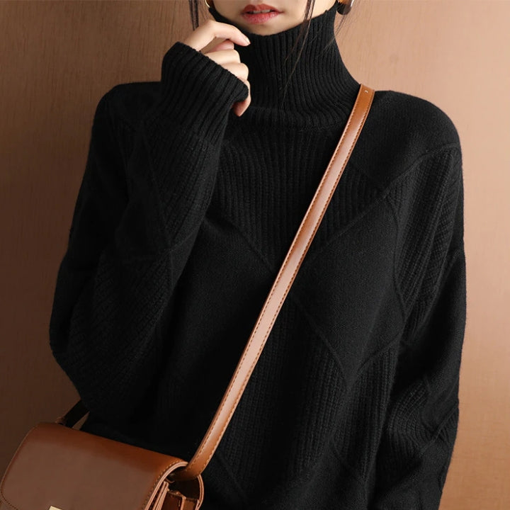 Classic women's turtleneck knit sweater, a warm and chic pullover for essential winter fashion.