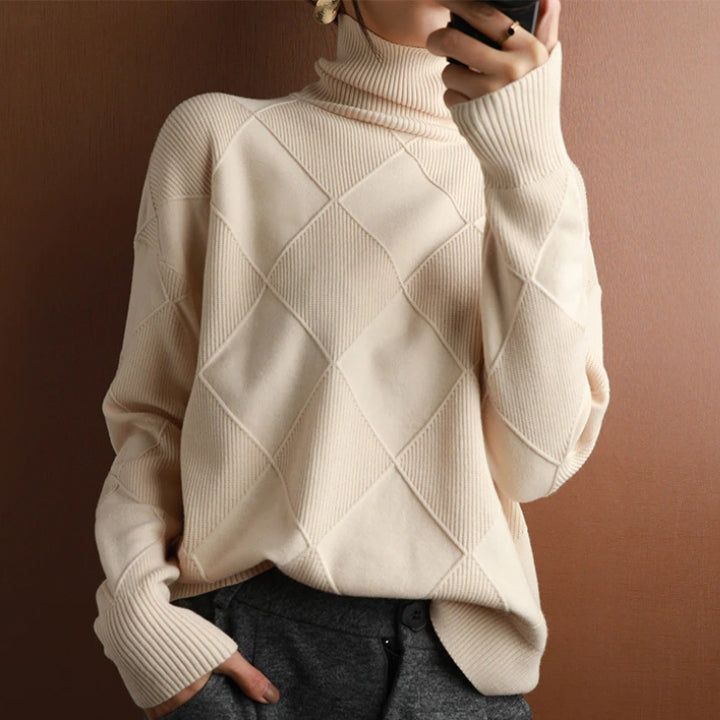 Cozy knit women's turtleneck sweater, a comfortable long sleeve pullover for effortless winter style.